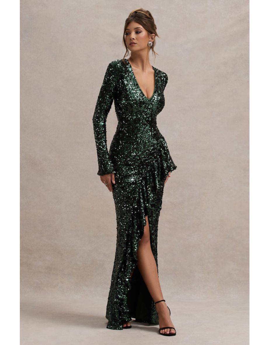 Wild Dream | Green Sequin Plunge-Neck Ruffle Split Maxi Dress - 4