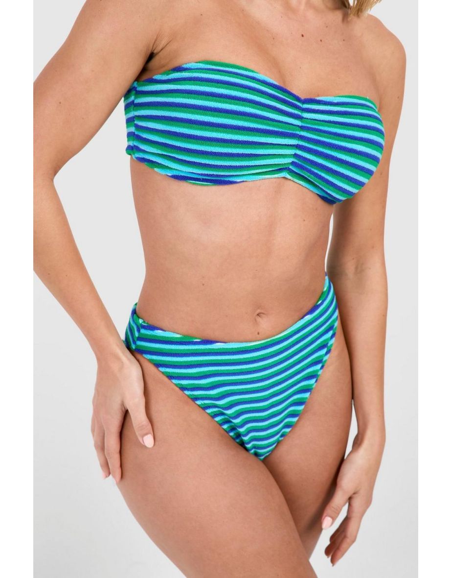 Stripe Towelling Ruched Bandeau Bikini Set - blue - 2