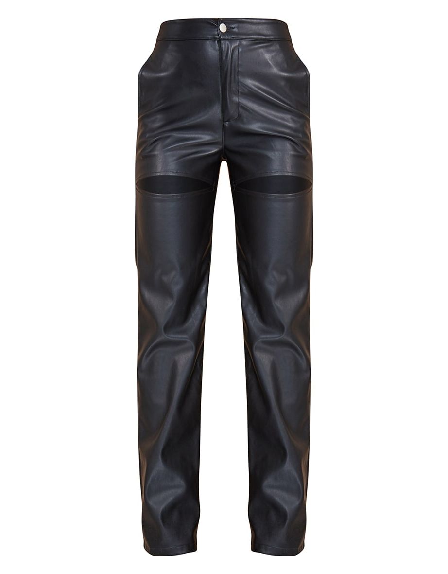 Black Faux Leather Thigh Split Straight Leg Trousers - 4