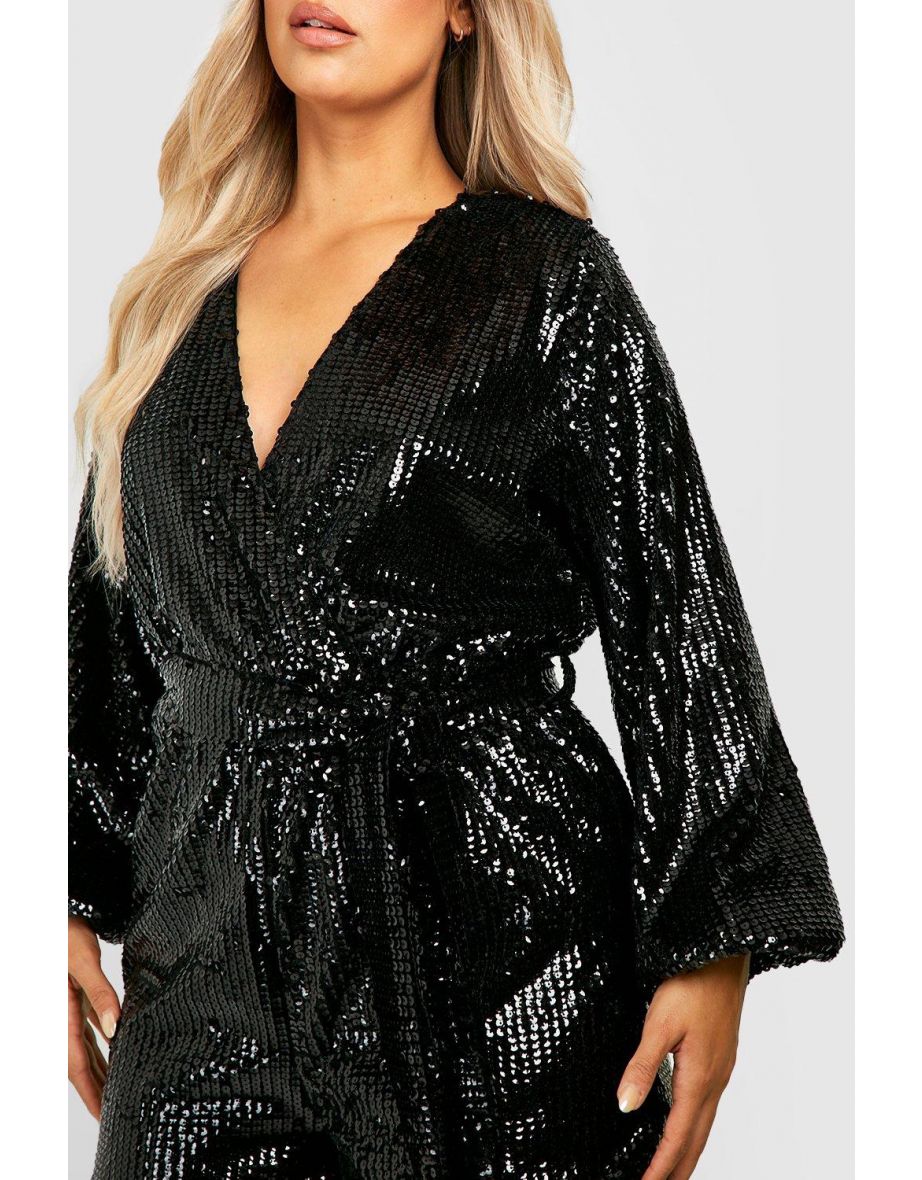 Plus Velvet Sequin Tie Waist Playsuit - black - 3