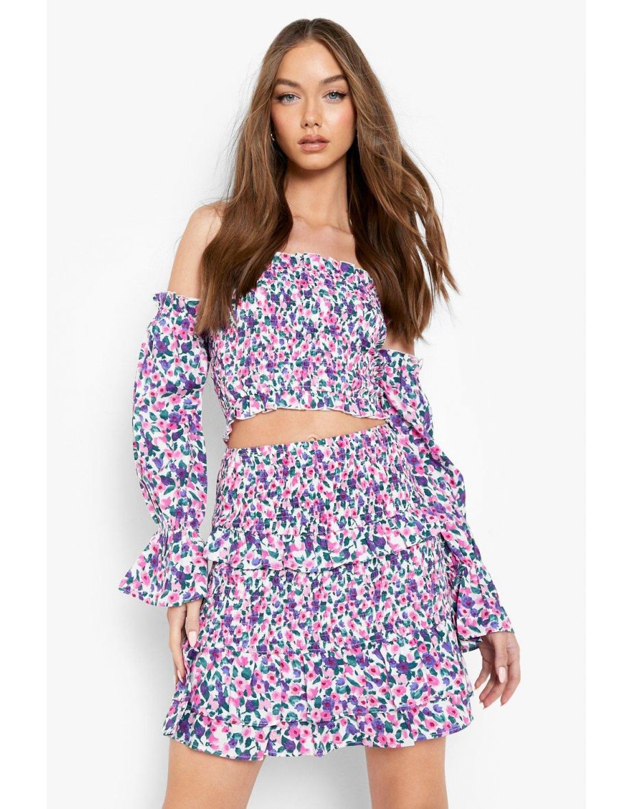 Floral Bardot Crop & Mini Skirt - white - 3