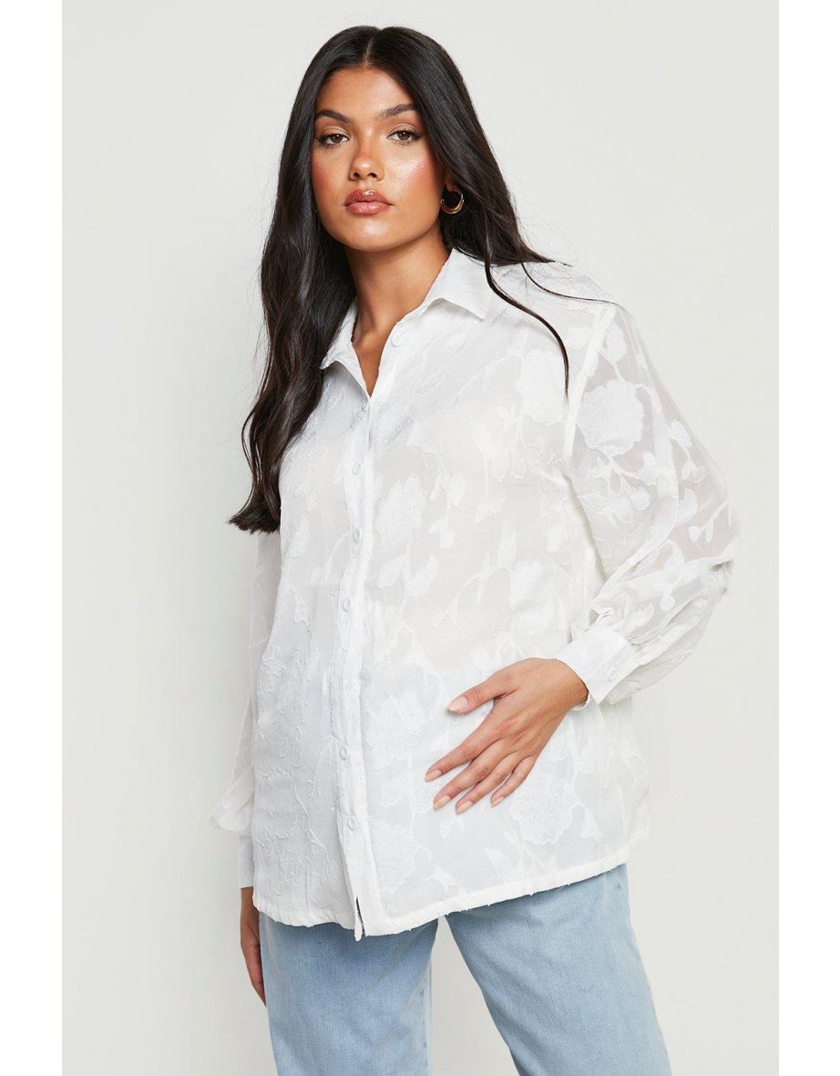 Maternity Oversized Burnout Floral Shirt - white