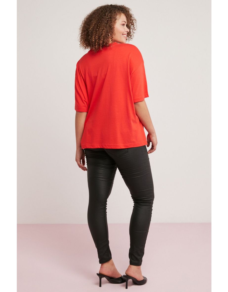 Allison Women 100% Cotton Oversize Fit Round Neck Half Sleeve Basic Red Plus Size T-shirt - 4