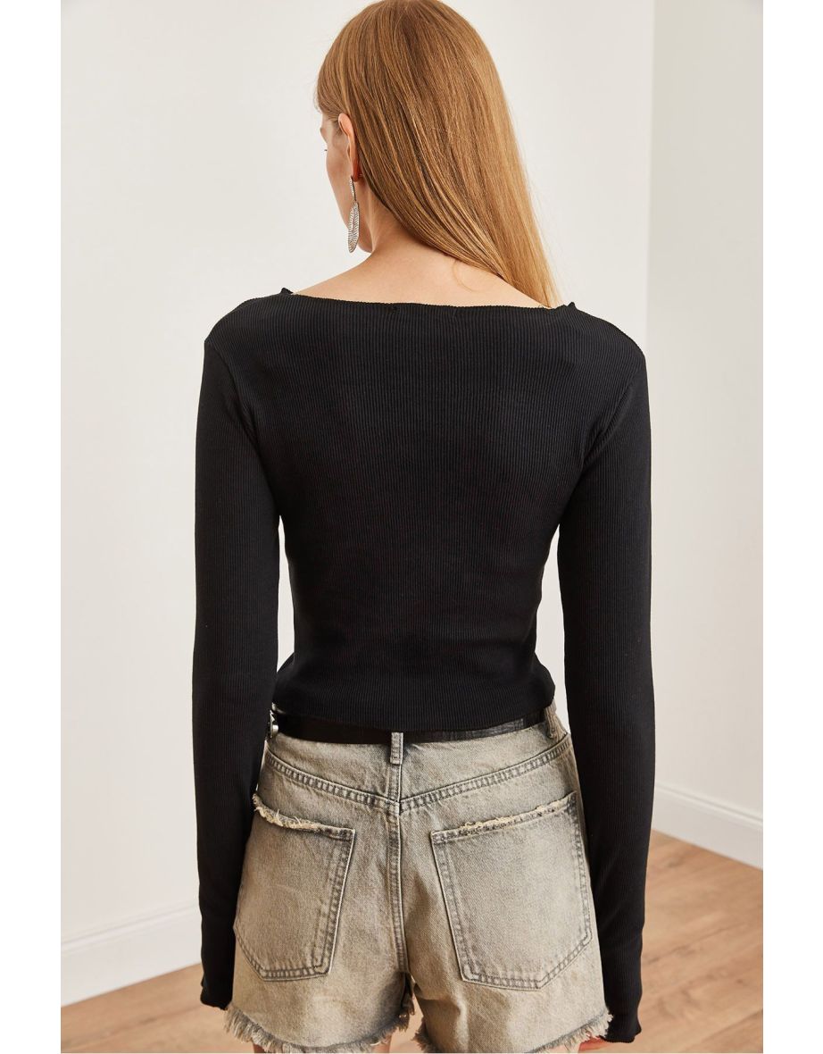 Women's Black Robe Cut Out Finger Detailed Flexible Crop Top - 6
