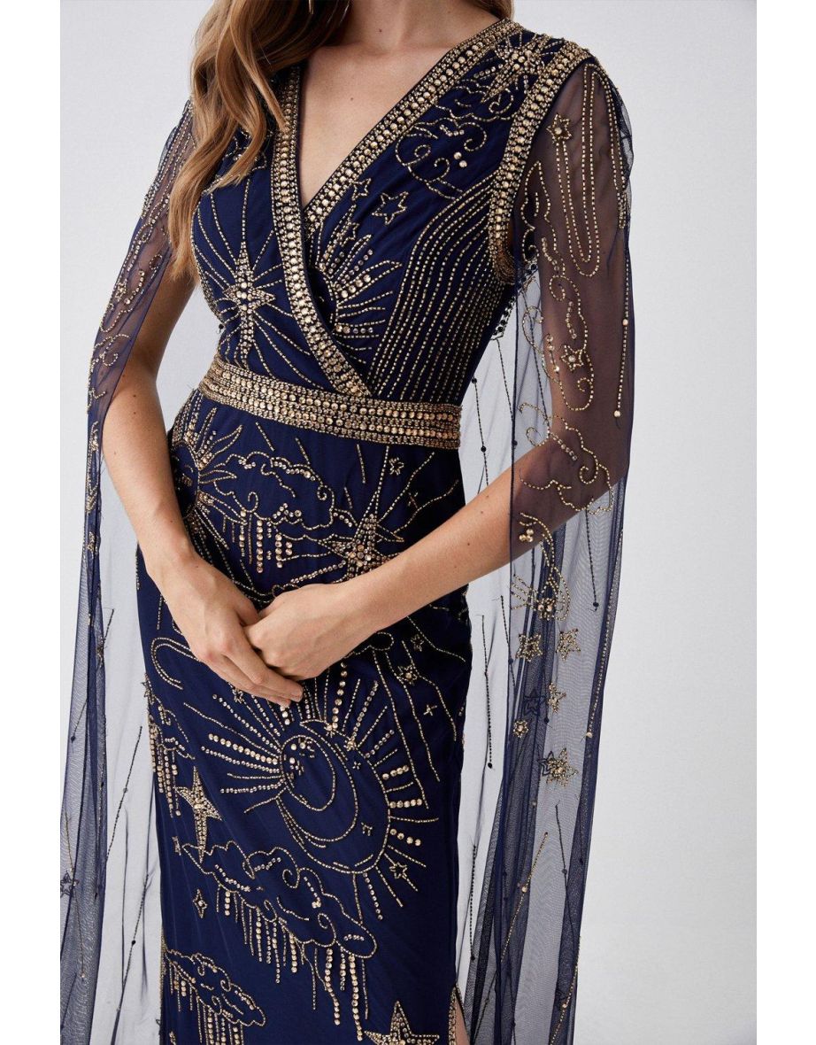 Mesh Cape Back Maxi Dress With Embellishment - 3