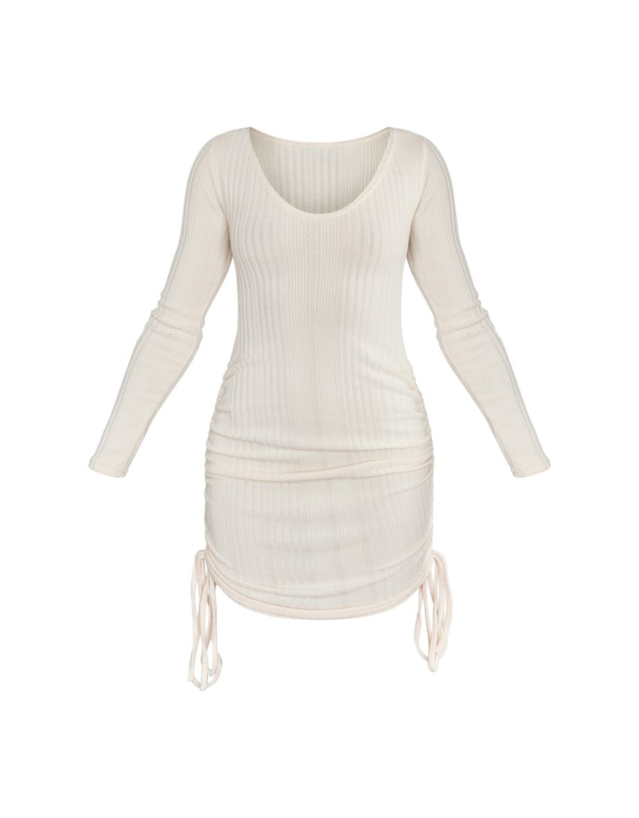 Cream Soft Rib Ruched Long Sleeve Bodycon Dress - 4