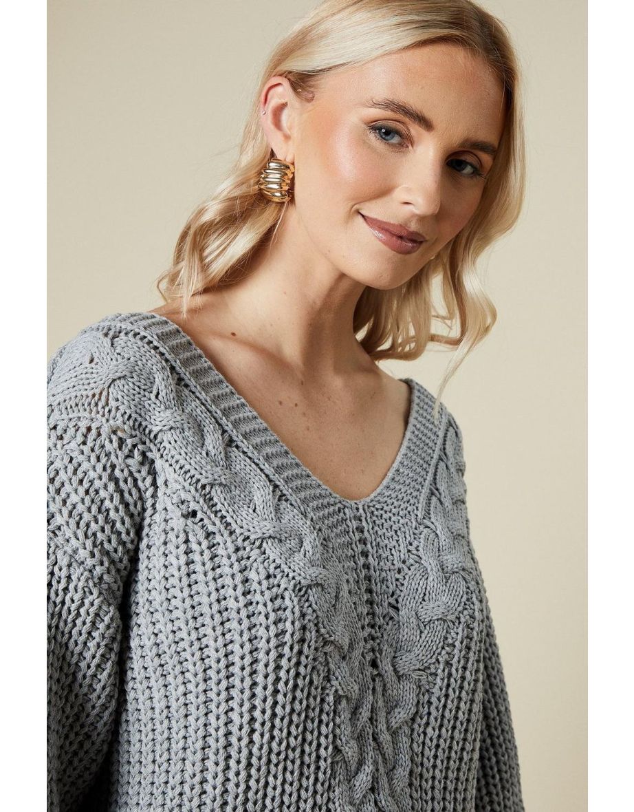 Cable Front V Neck Slouchy Jumper - 3