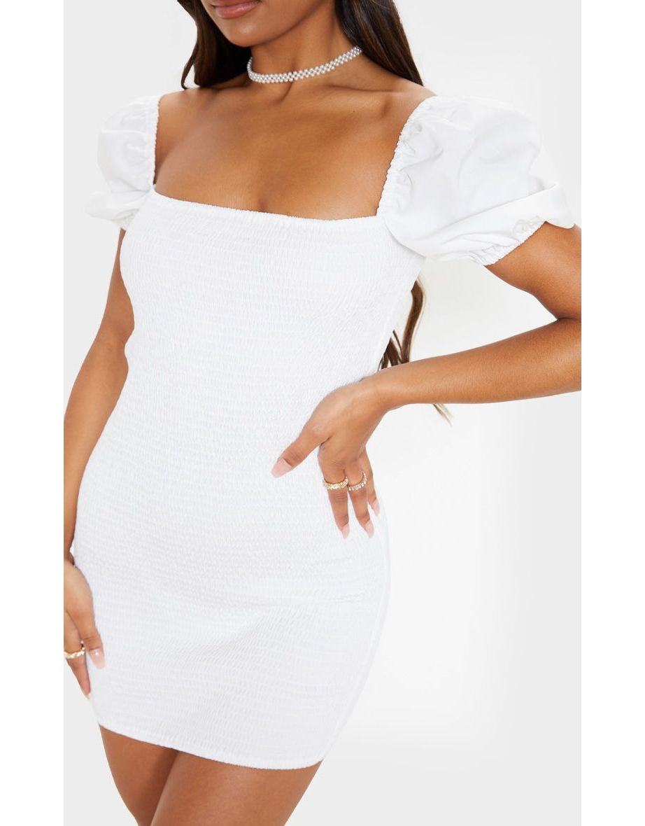 White Puff Sleeve Square Neck Shirred Bodycon Dress - 4