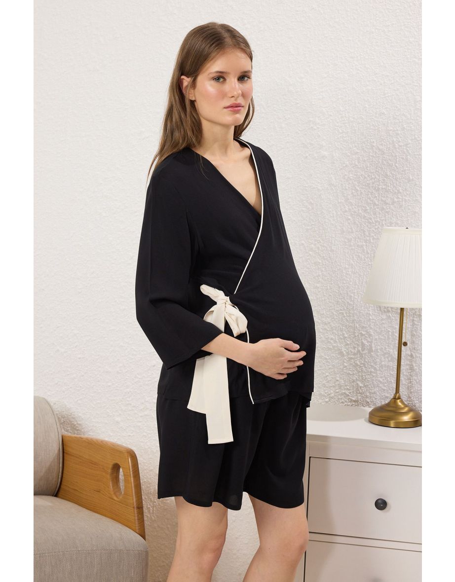 Black Tie-Down Weaving Plus Size & Maternity Pajama Set