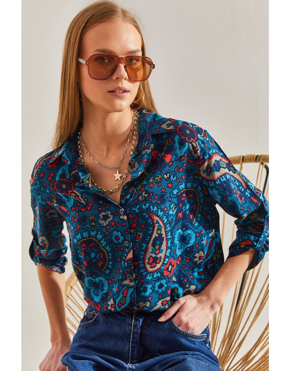 Women's Sleeve Fold Floral Pattern Viscose Shirt
