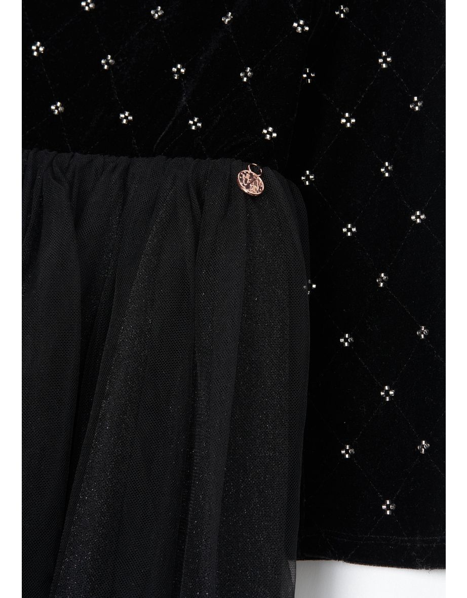 Elsie Black Beaded Velvet Tuelle Dress - 6