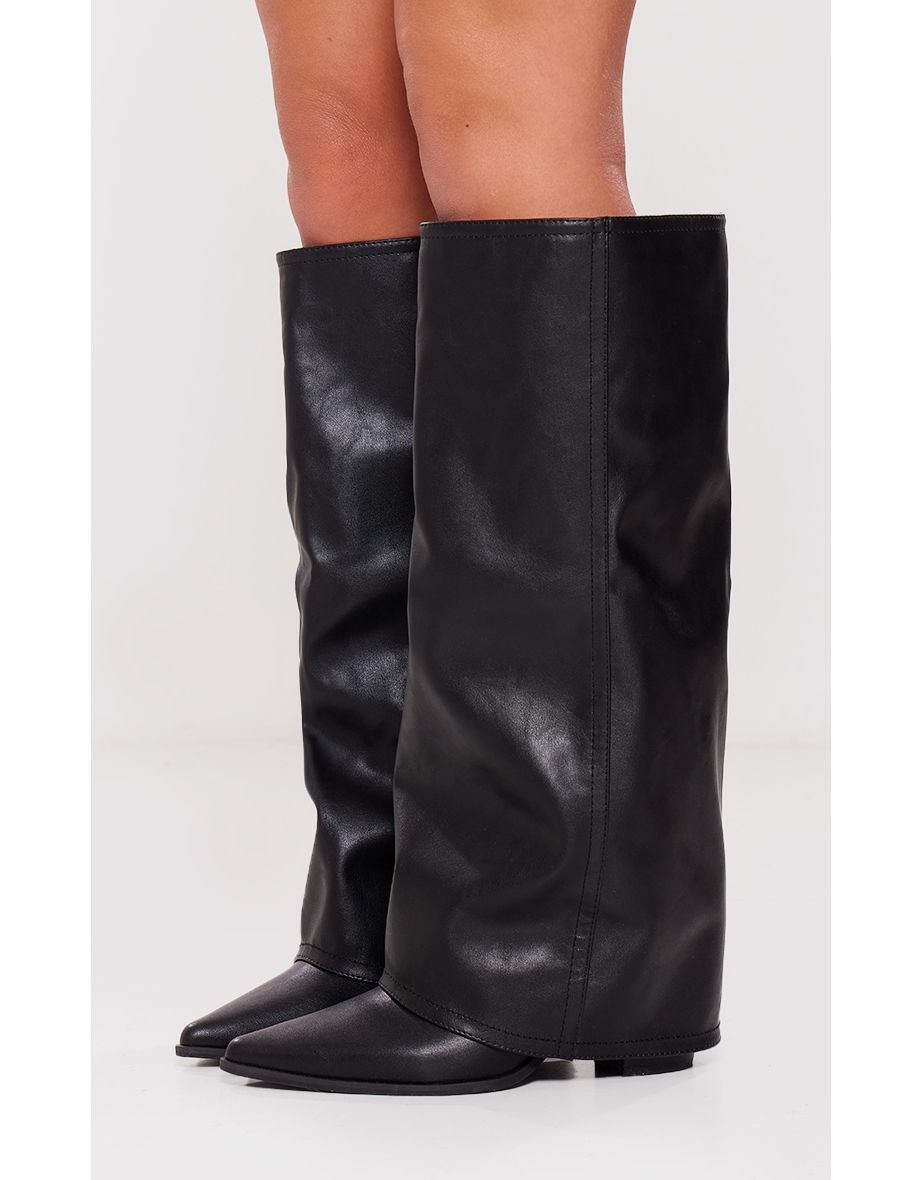 Black Wide Fit Pu Fold Over Knee High Block Heeled Western Boots - 3