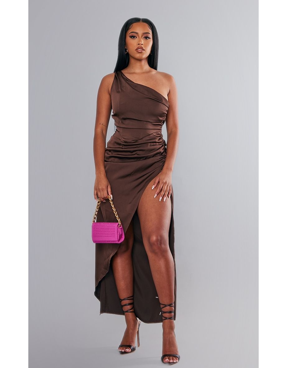 Chocolate Brown Satin One Shoulder Ruched Split Midaxi Dress