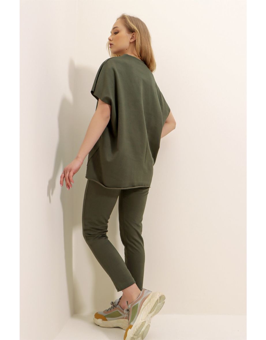 Women's Khaki Crewneck Corduroy Tracksuit Suit - 4