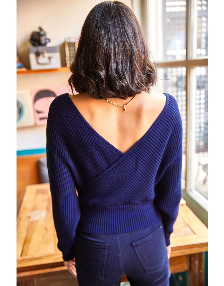 Women's Navy Blue Front Back Double Breasted Above Waist Crop Knitwear Sweater - 4