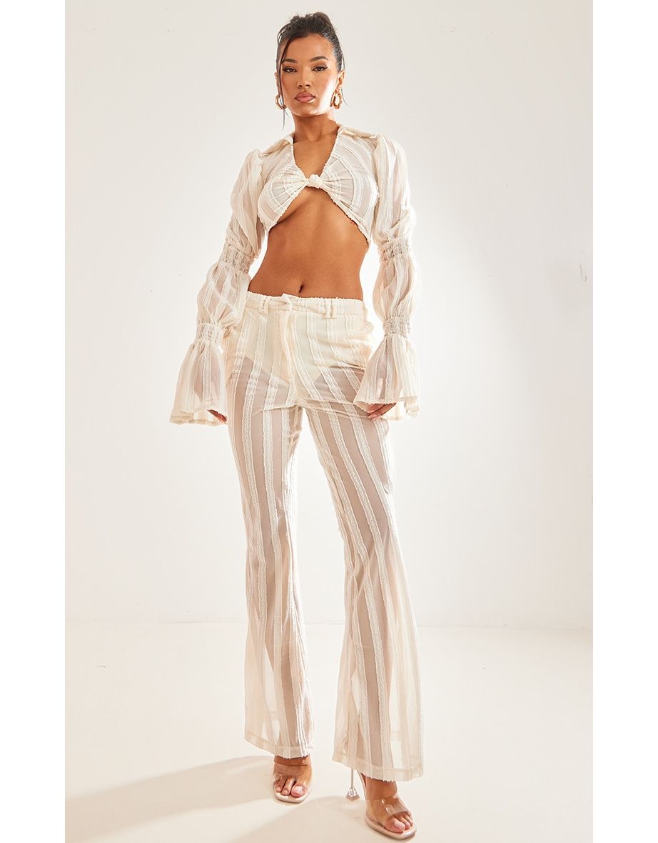 Cream Textured Woven Twist Front Crop Top