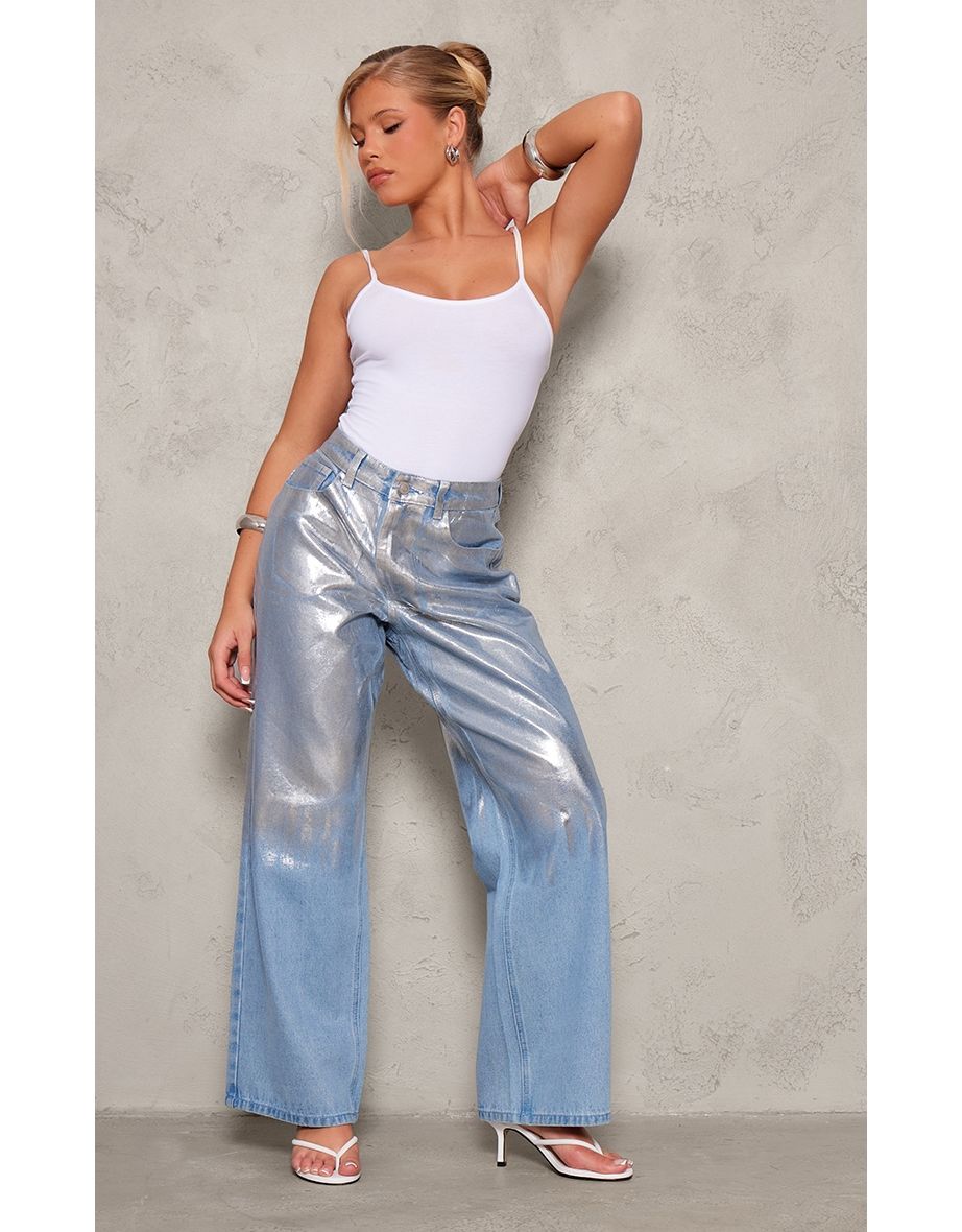 Silver Brushstroke Metallic Wide Leg Jeans