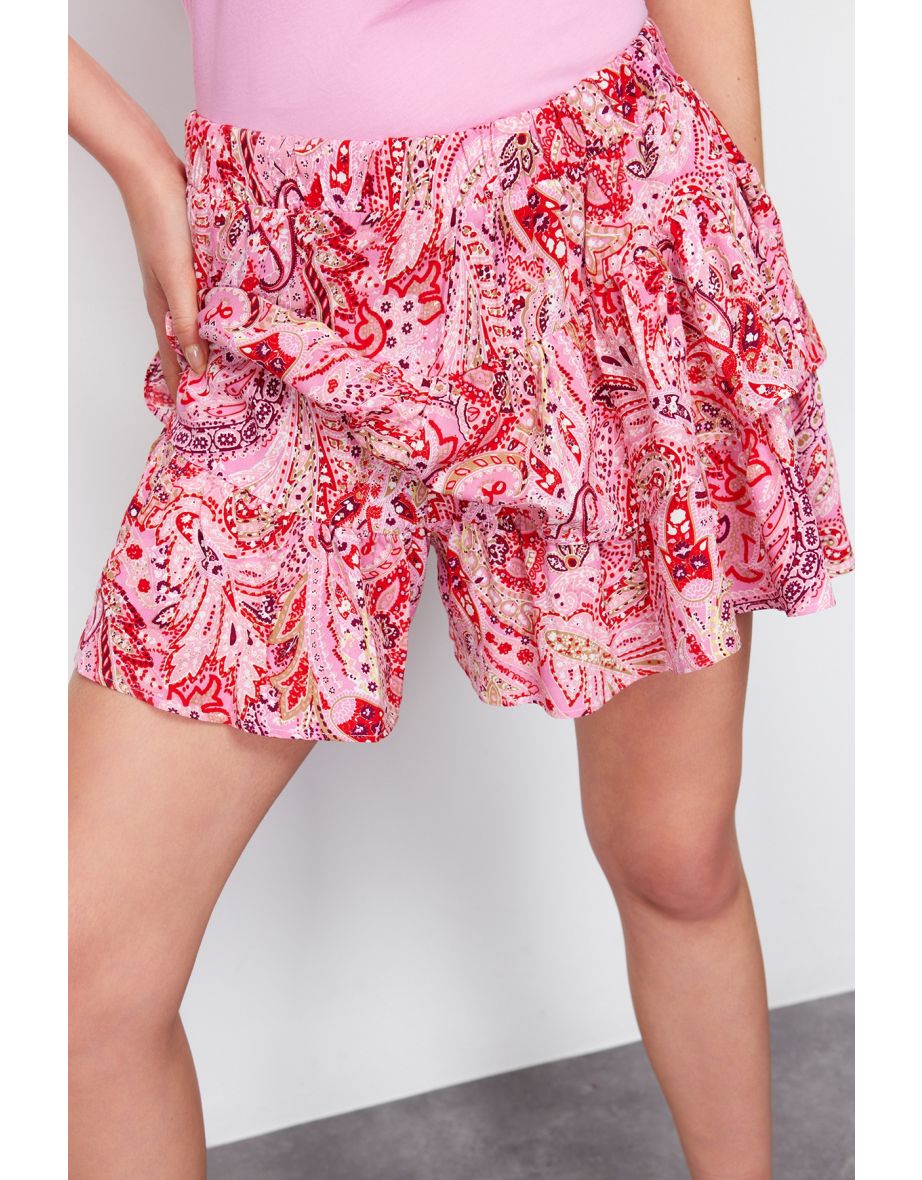 Red Shawl Pattern Ruffled Waist Rubber Detailed Viscose Woven Shorts - 7