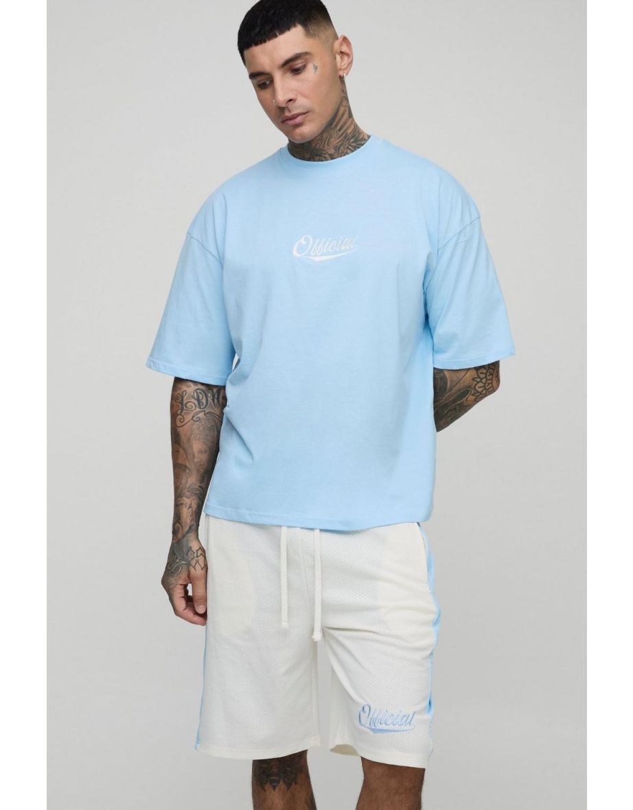 Tall Oversized Boxy Official Embroidered T-Shirt & Airtex Basketball Short Set - multi