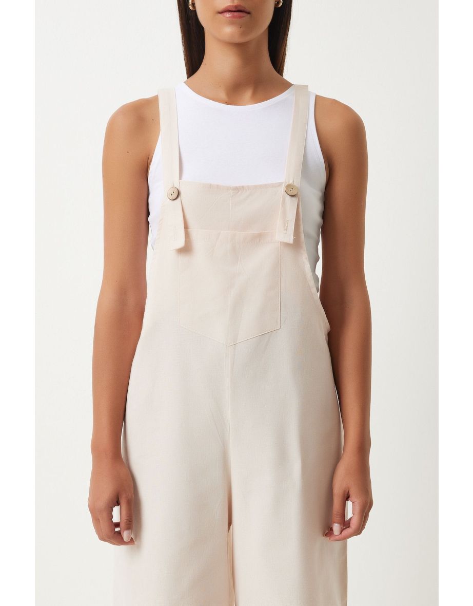 Women's Cream Strappy Thin Gabardine Summer Gardener Overalls - 5