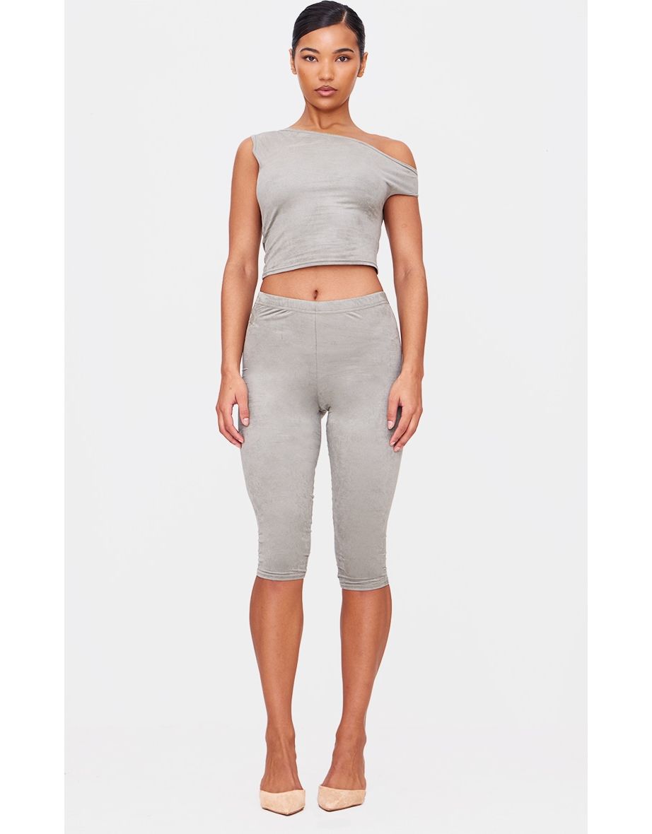 Light Khaki Faux Suede Asymmetric Crop Top