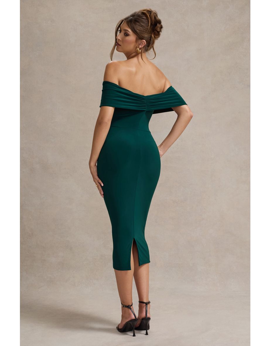 Selbie | Bottle Green Bardot Midi Dress With Drape - 4