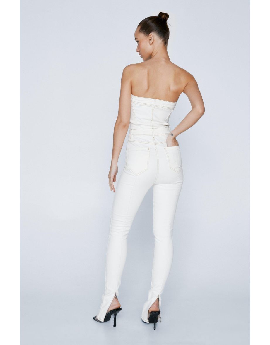Contrast Stitch Bandeau Skinny Denim Jumpsuit - 3