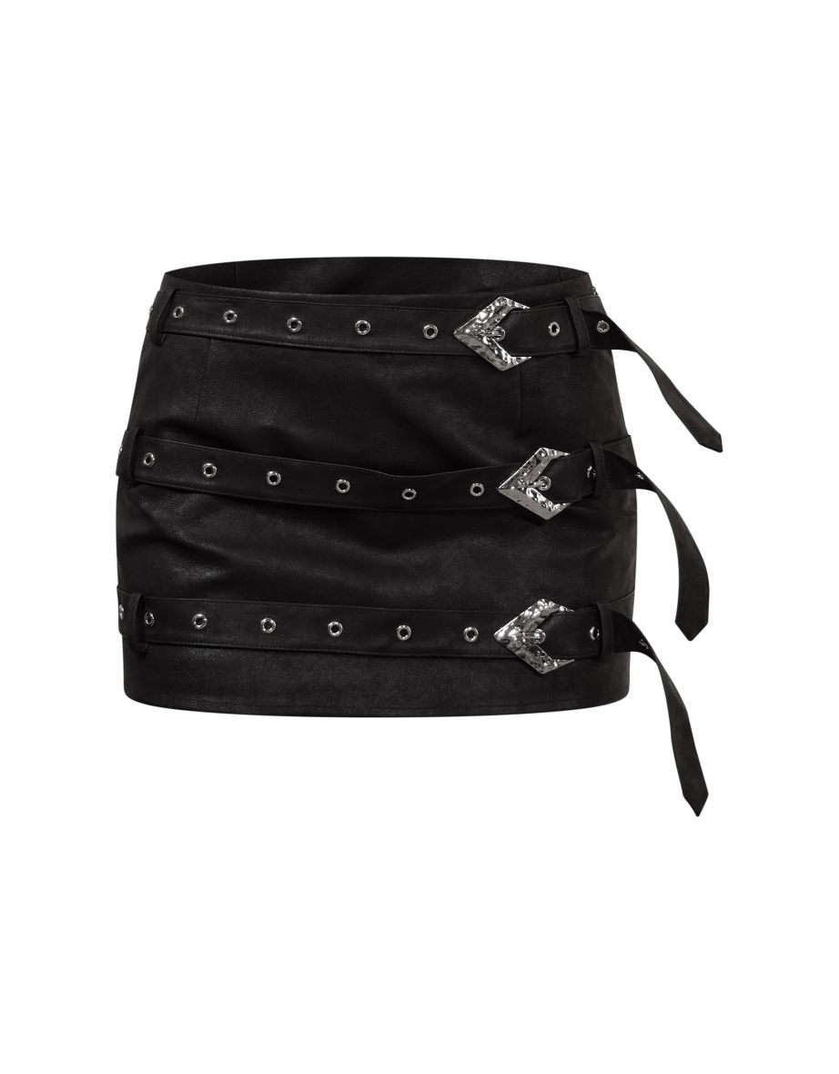 Washed Black Faux Leather Belt Detail Mini Skirt - 5