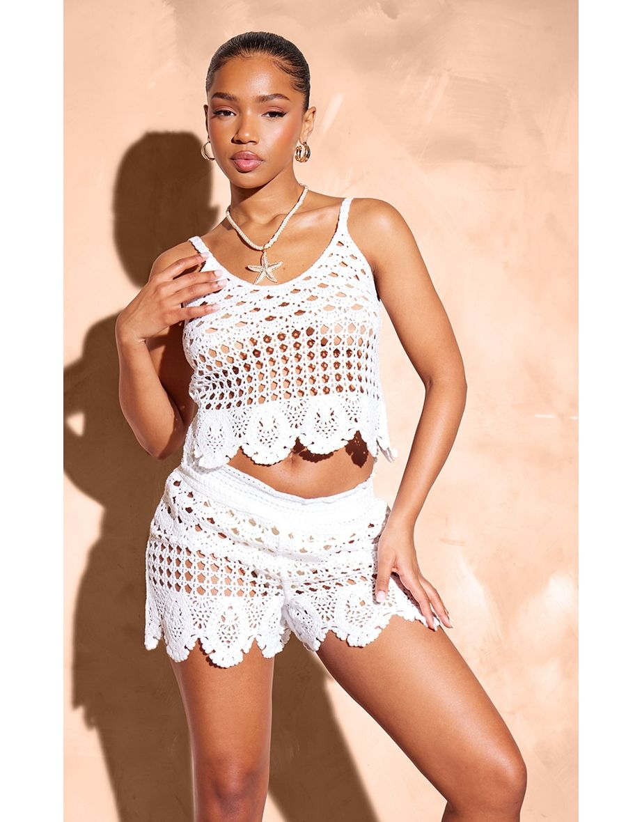 White Textured Crochet Frill Hem Crop Top