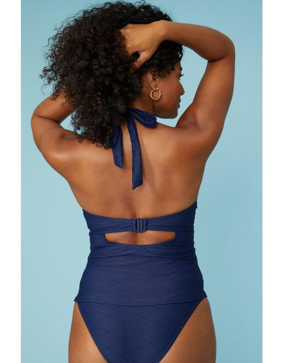 Gorgeous Texture Plunge Halter Nonpad Tankini - navy - 3