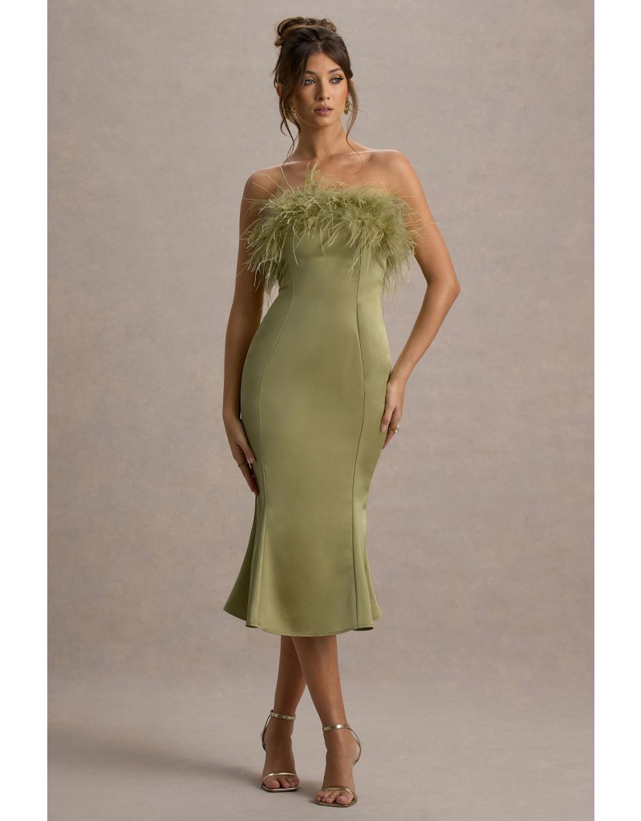 One And Only | Light Green Satin Feather Trim Midi Dress