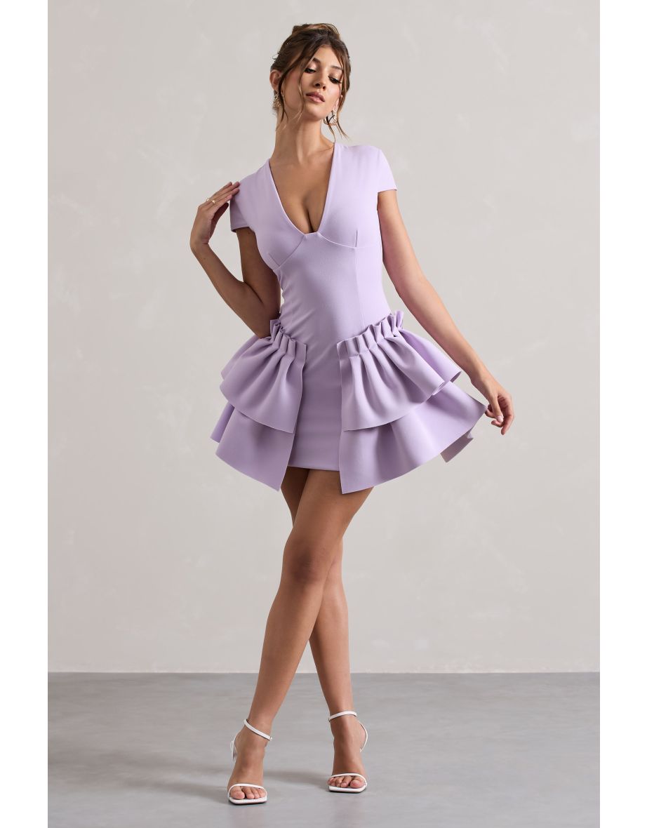 Genevieve | Lilac Plunge-Neck Mini Dress With Layered Hem - 4