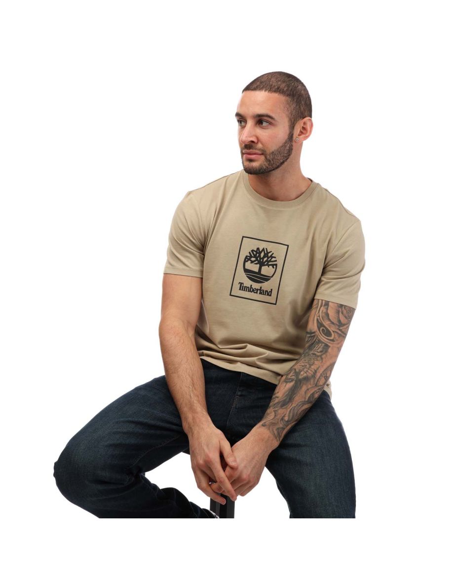 Men's Timberland Stack Logo Print T-Shirt in Cream - 3