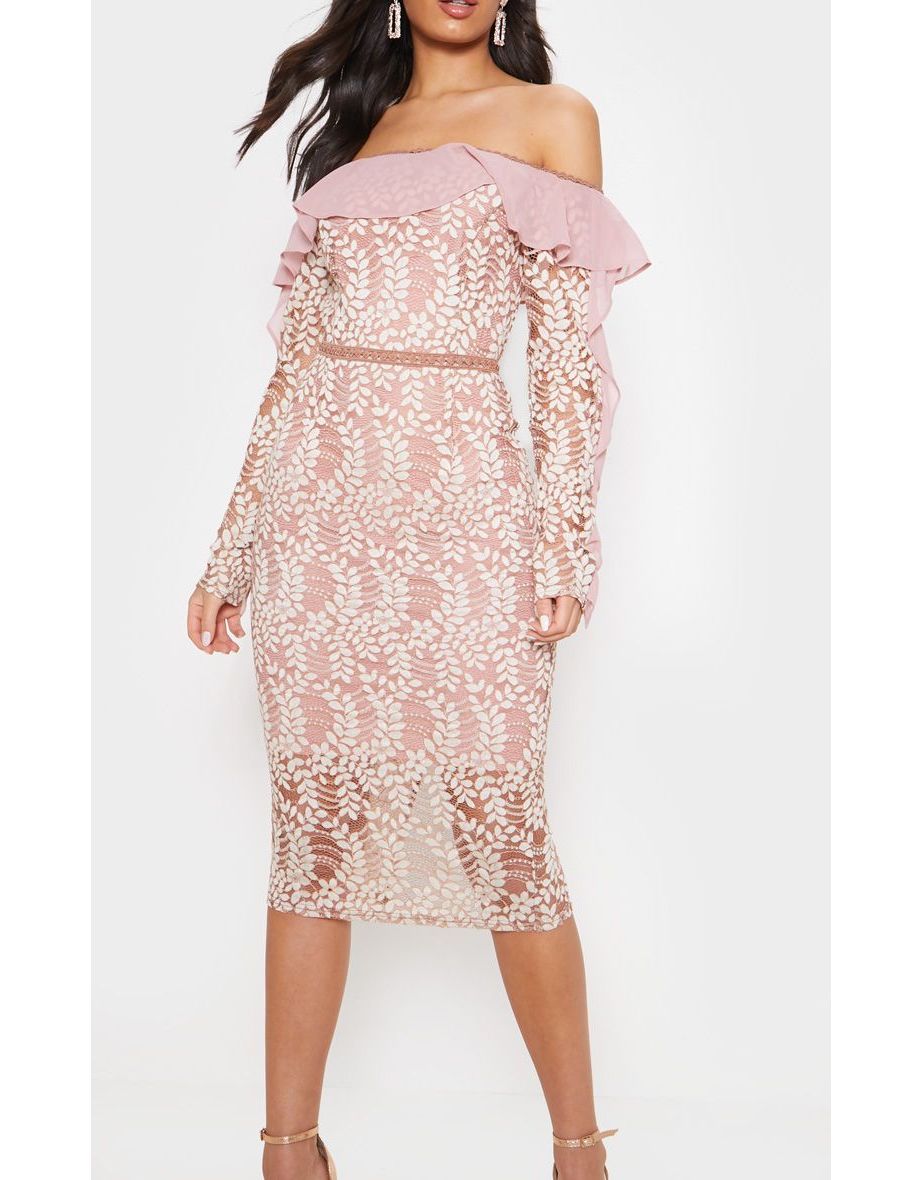 dusty pink bardot lace frill sleeve midi dress