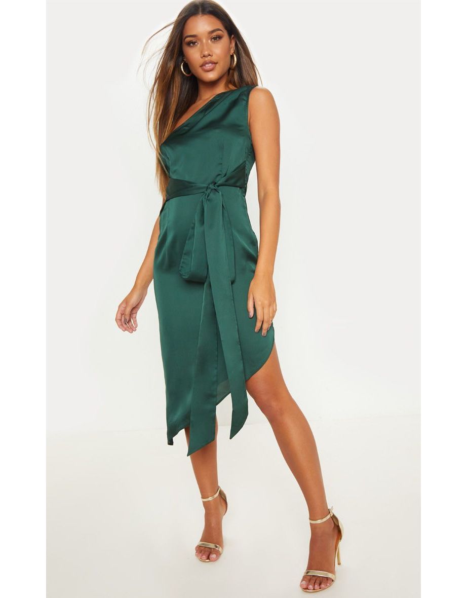 فستان ساتان ميدي بطول متباين بربطة وكتف واحد - أخضر