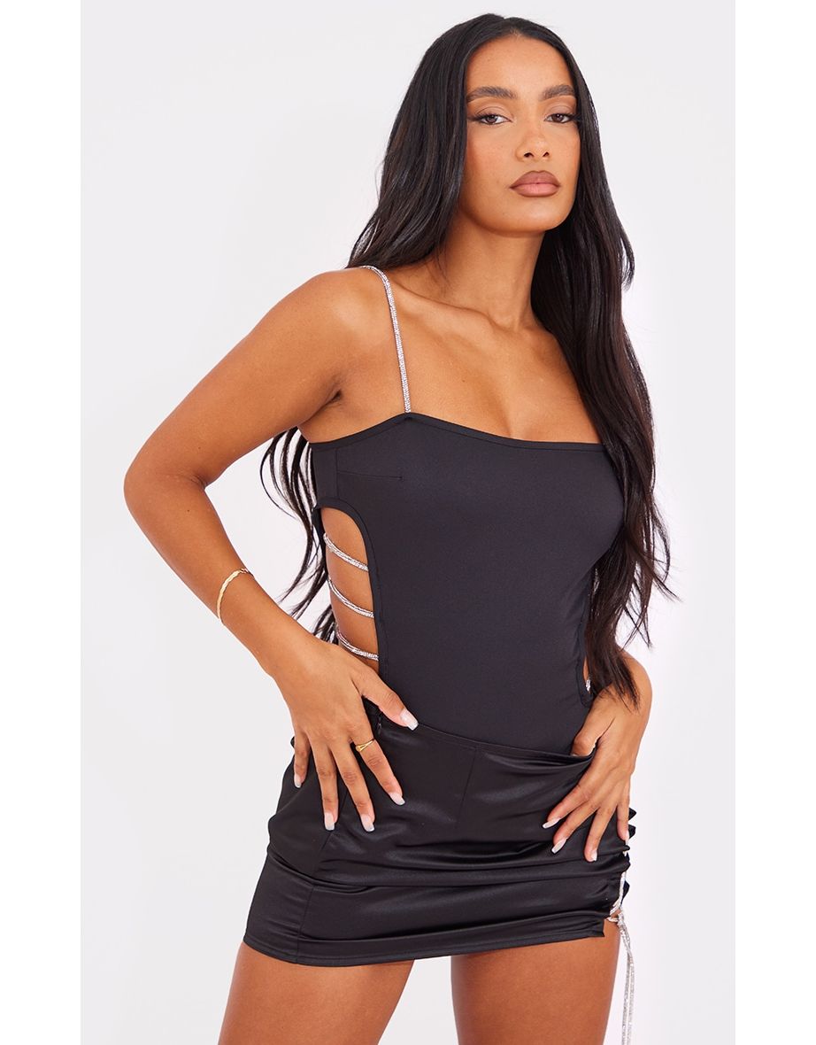 Black Diamante Trim Cut Out Side Bodysuit