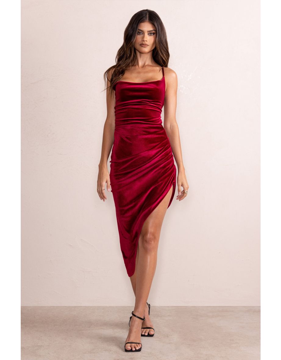 Risk It All | Berry Velvet Cami Cowl Neck Satin Asymmetric Hem Midi Dress