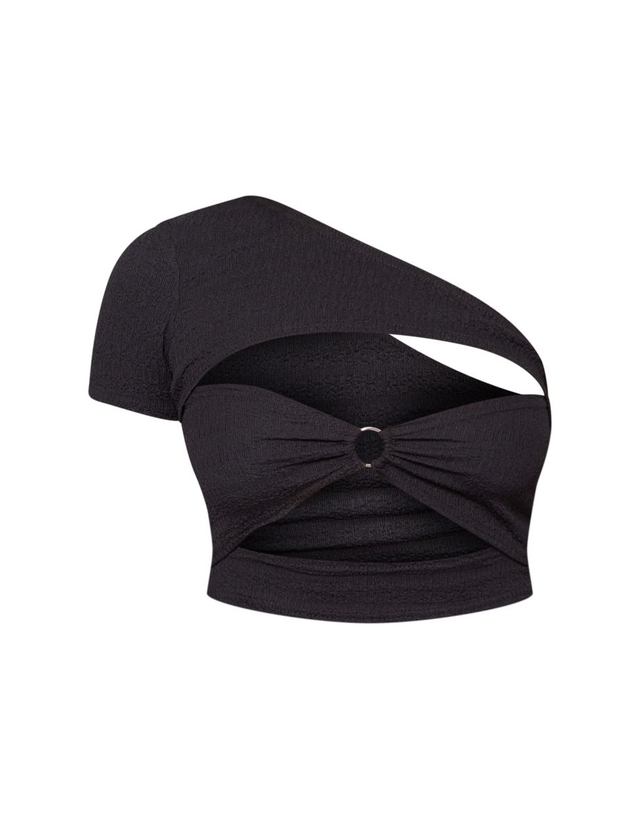 Black Textured Ring Detail Asymmetric One Shoulder Crop Top - 4