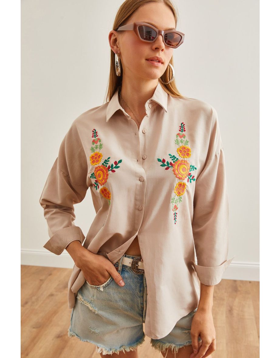 Women's Orange Flower Stone Embroidery Detailed Oversize Woven Shirt