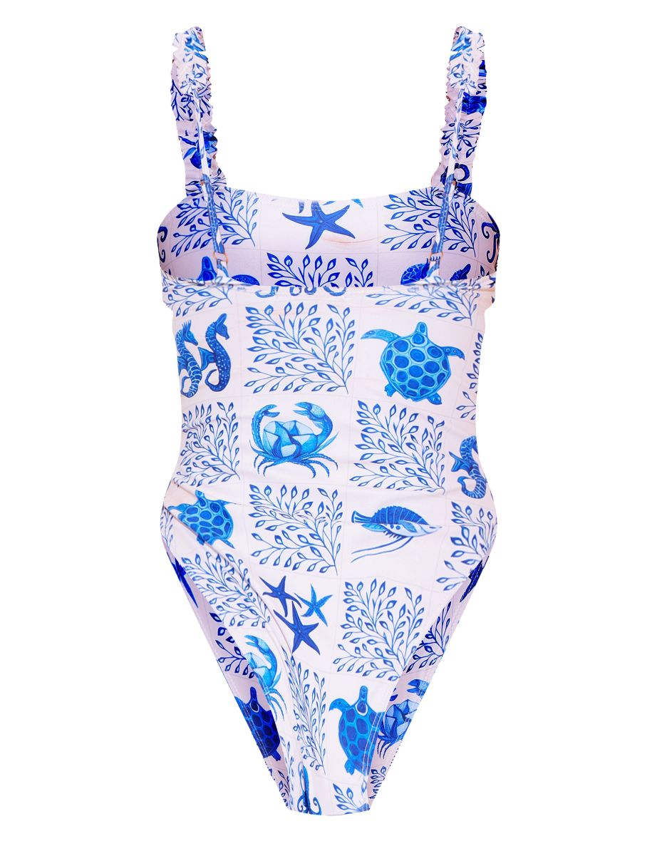 Blue Sea Animal Print High Leg Frill Swimsuit - 5