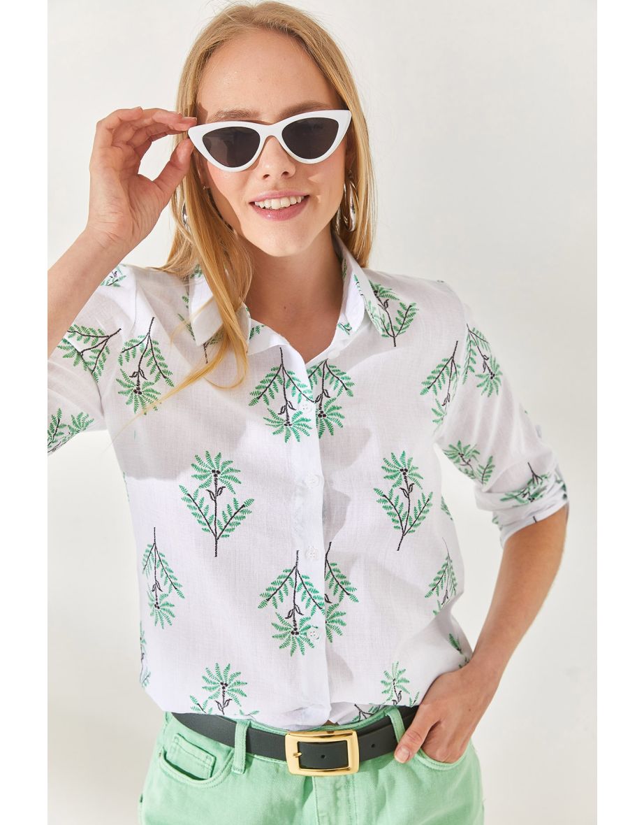 Wind Rose Green Folded Sleeve Linen Shirt