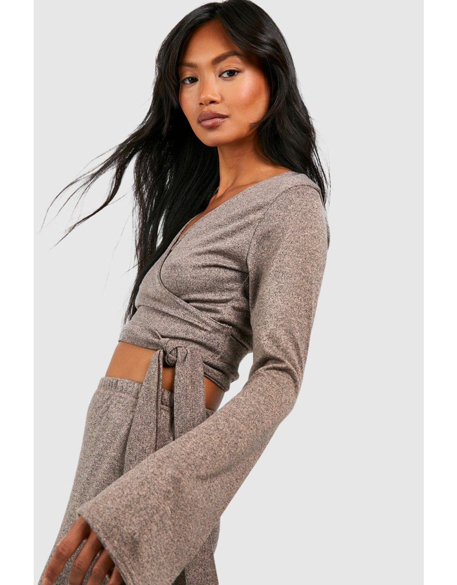 Super Soft Marl Flared Sleeve Wrap Top - desert sand - 3