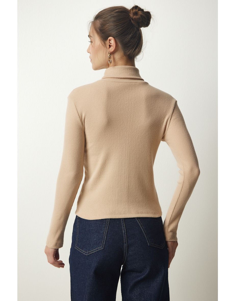 Women's Beige Turtleneck Ribbed Knitted Blouse - 4