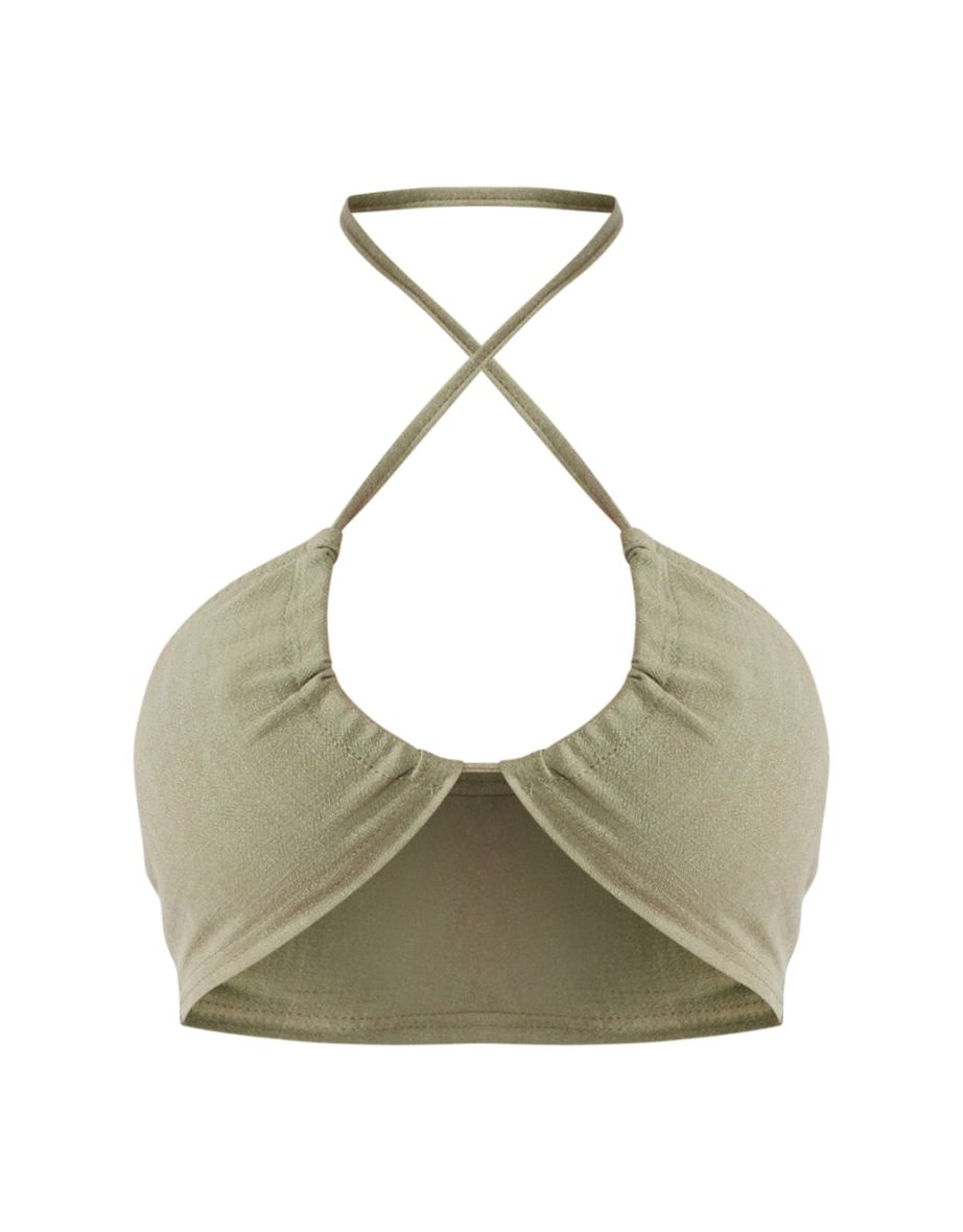 Khaki Linen Feel Tie Front Micro Crop Top - 4