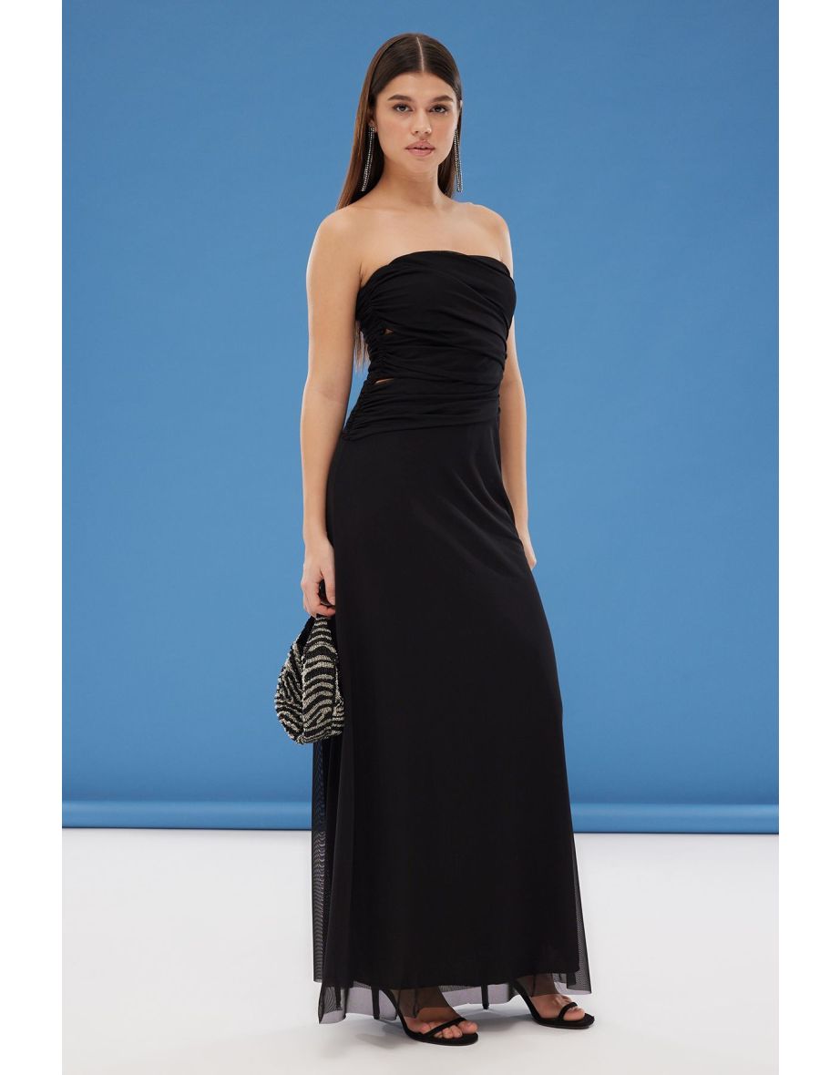 Black A-Line Scarf Detail Tulle Knitted Long Evening Dress