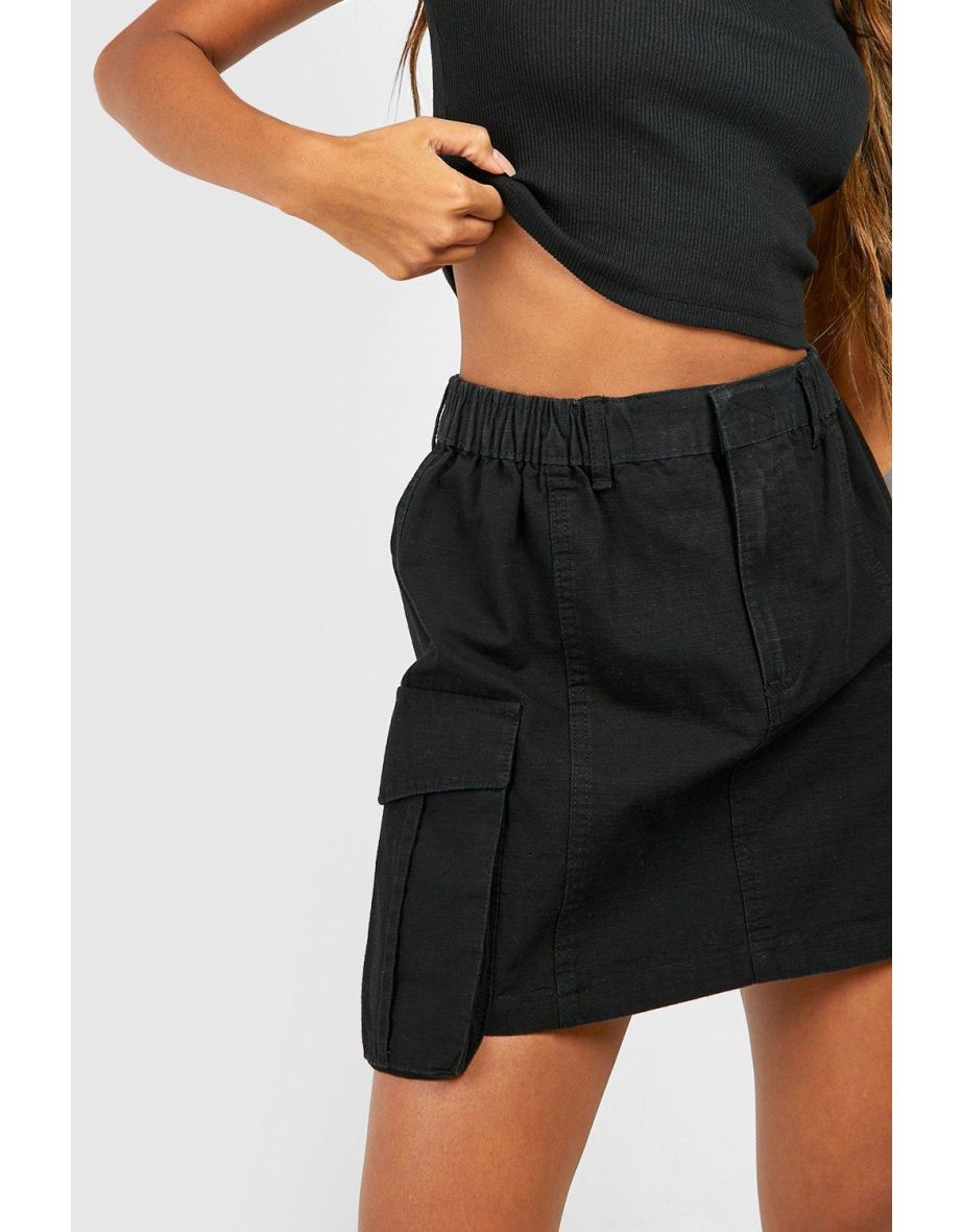Elasticated Waist Micro Mini Cargo Skirt - black - 3
