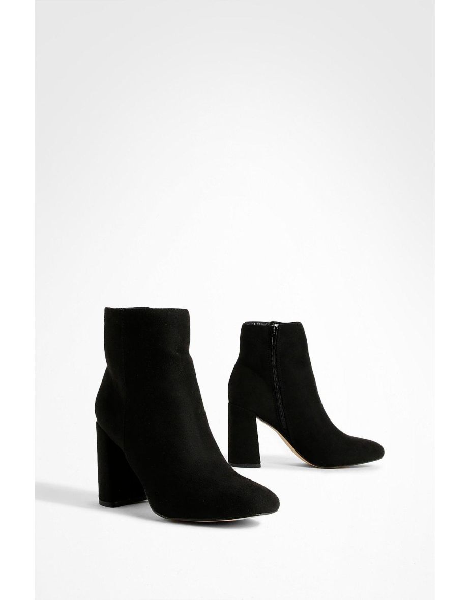 Round Toe Block Heel Faux Suede Ankle Boots - black