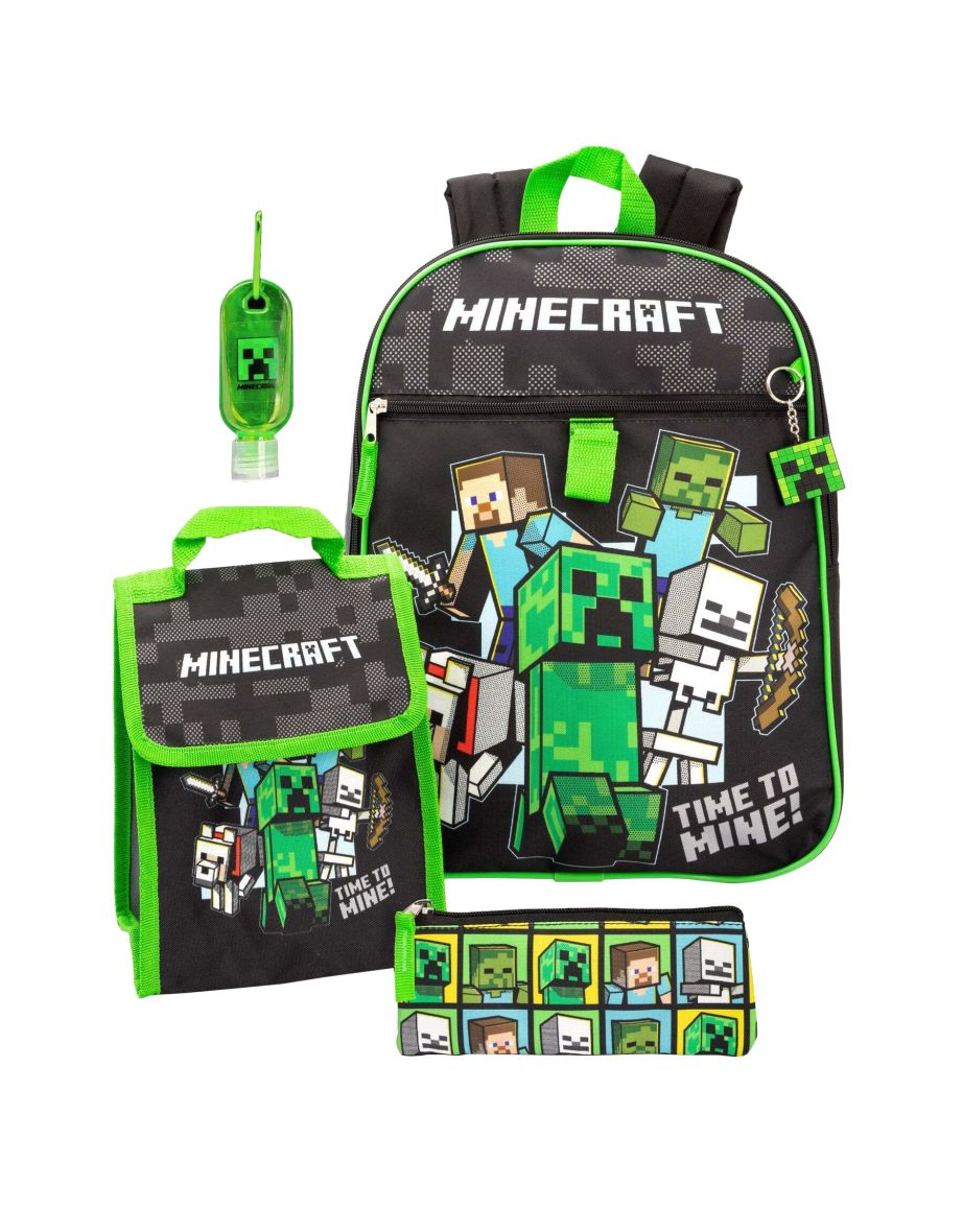 Minecraft Childrens/Kids Time To Mine Backpack Set - Black/Green