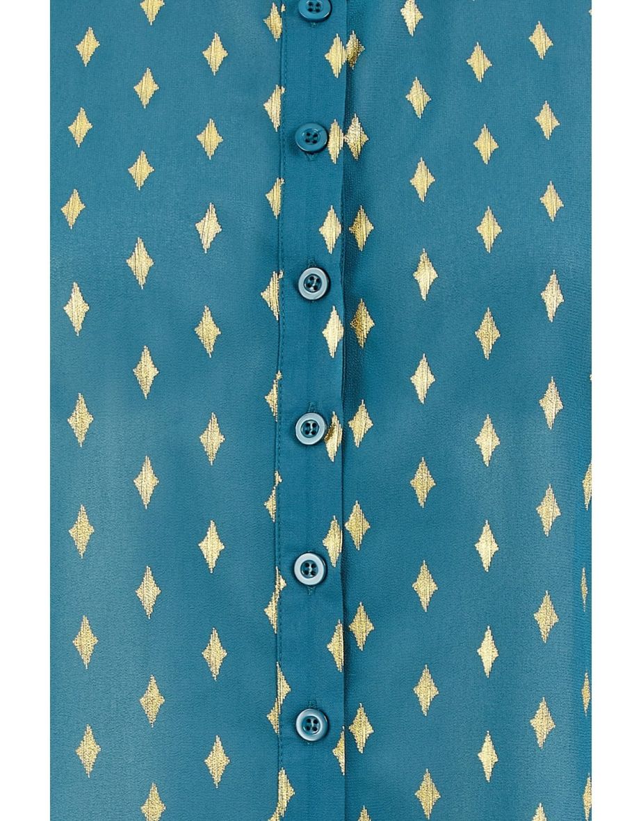 Yumi Teal Diamond Foil Print shirt With Ruched Cuff - 6