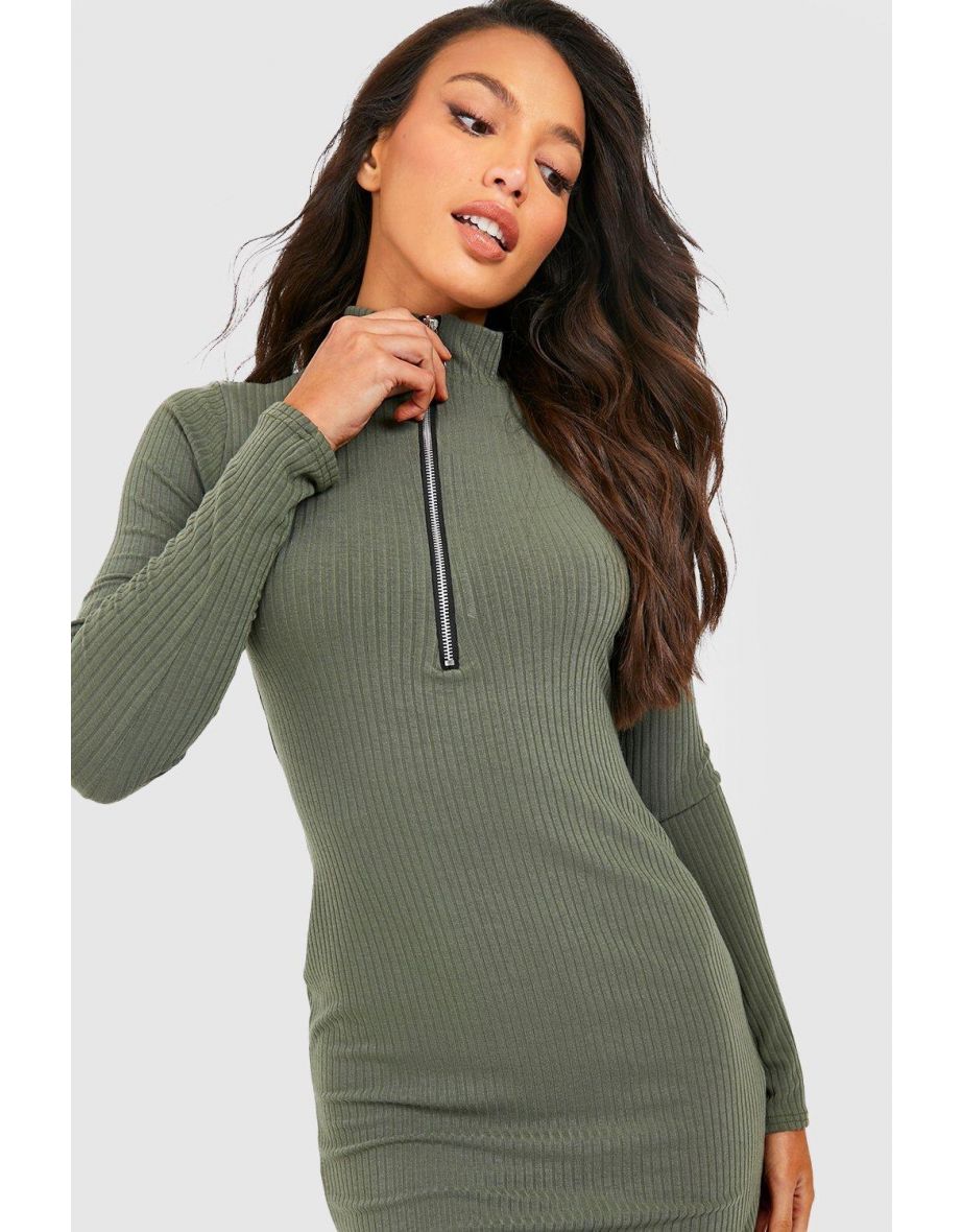 Tall Long Sleeve Zip Front Knitted Rib Mini Dress - khaki - 3